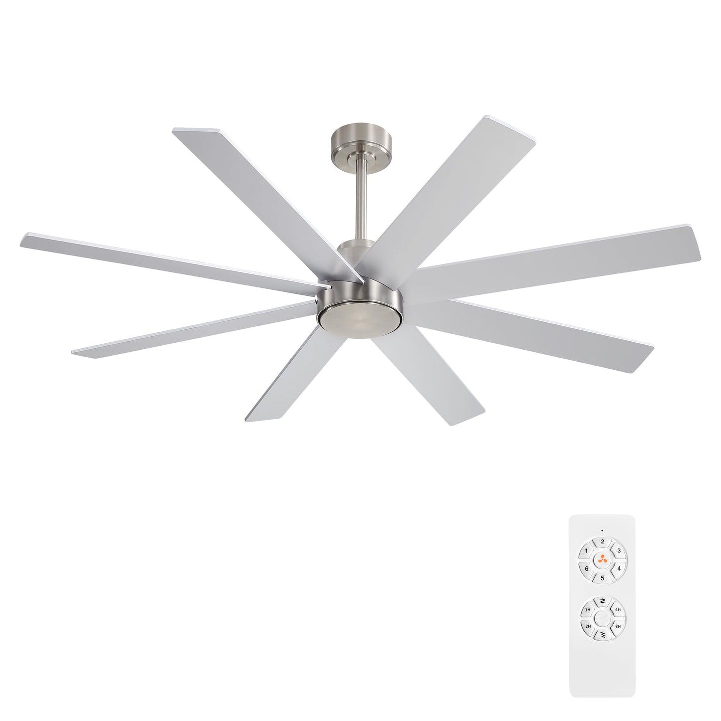 WINGBO 72" Large DC Ceiling Fans without Lights, 3 Downrods, 8 Plywood Blades, 6-Speeds Reversible DC Motor, Indoor Ceiling Fan No Lights for Bedroom Living Room Patio, Brushed Nickel and Silver
