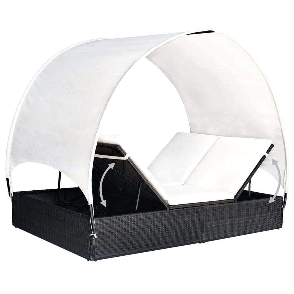 VGLQNRPT Double Sun Lounger with Adjustable Canopy, 2-Person Outdoor Patio Rattan Daybed with Cream Cushions, Weather-Resistant Garden Lounge Chair, Black