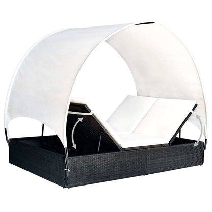 VGLQNRPT Double Sun Lounger with Adjustable Canopy, 2-Person Outdoor Patio Rattan Daybed with Cream Cushions, Weather-Resistant Garden Lounge Chair, Black