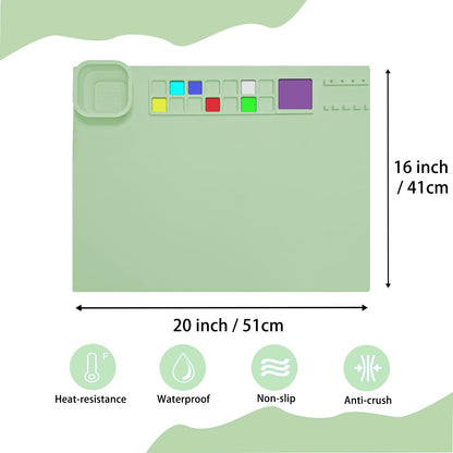 SOQKEEN Silicone Painting Mat 20"x16" Paint Mats with Cup Collapsible Non-Stick Craft Mat Playdough Beading Matt for Resin Coloring Drawing Art Crafting Doh Handmade DIY (Green)