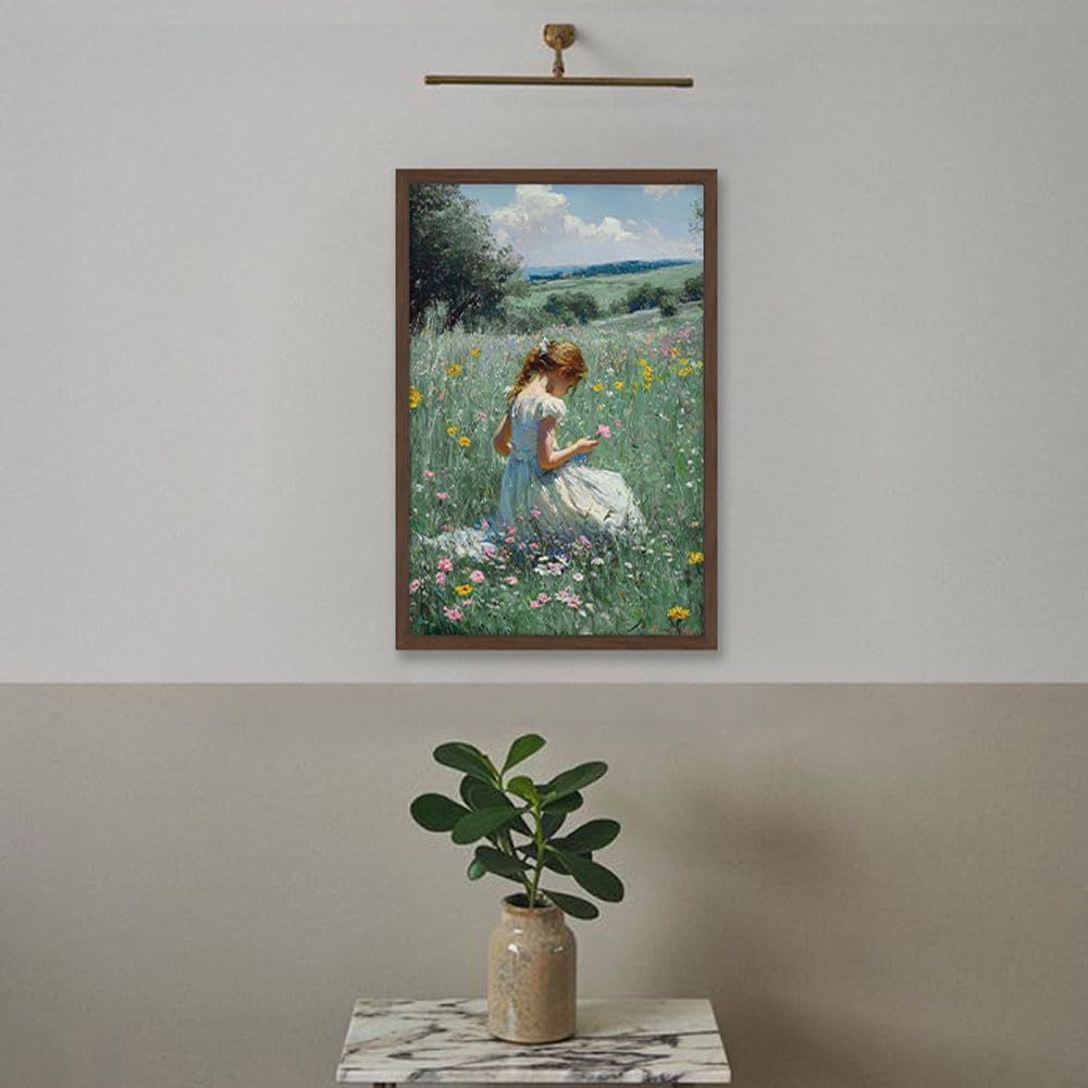16x24 Inches Framed Girl in Wildflower Meadow Wall Art Impressionist Oil Painting Print on Canvas, Pastoral Nature