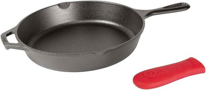 Lodge Cast Iron Skillet - 10.25-Inch With Red Silicone Hot Handle Holder for Safe Cooking