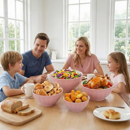 BoxedHome Mixing Bowls with Lids Set, 4PK Large 0.2” Thick Plastic Nesting Mixing Bowl, Microwave Safe,Size 1.37,2.32,3.8 and 5.07qt, Pink