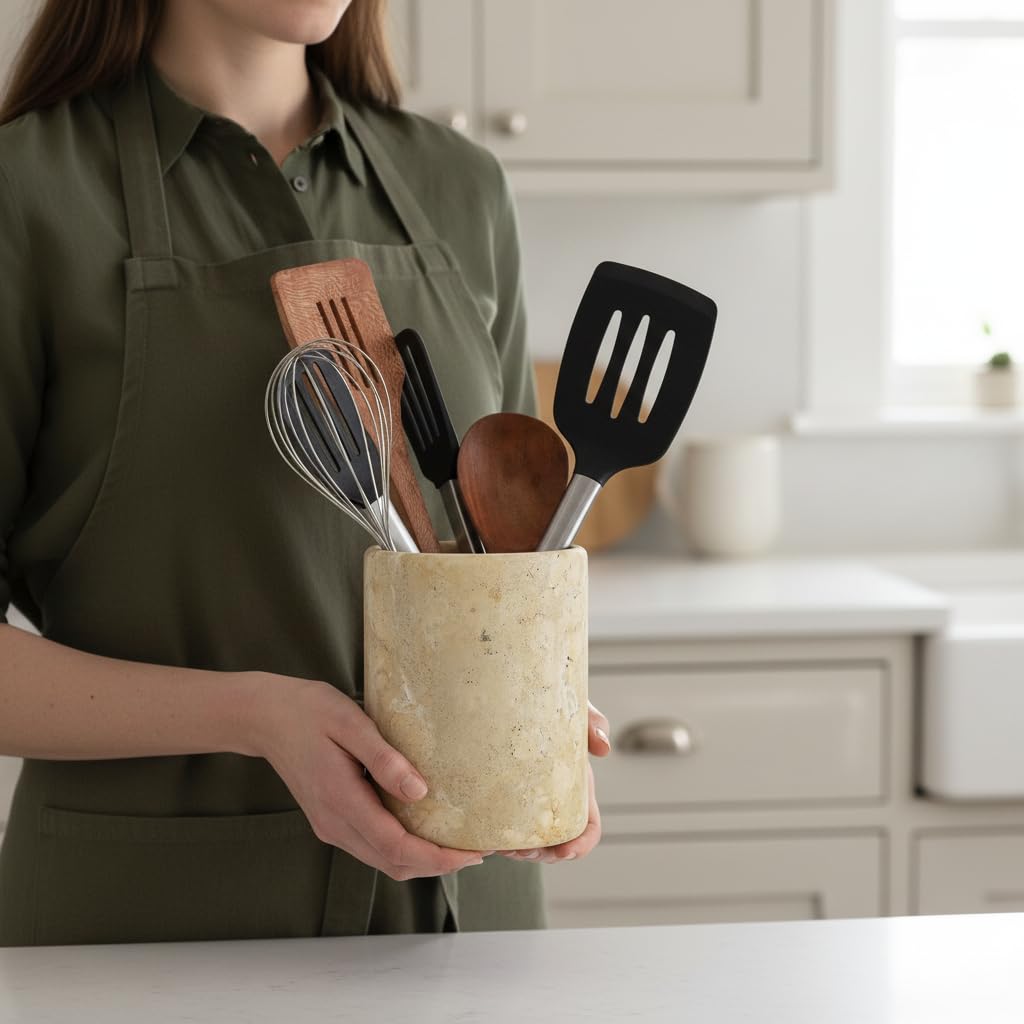 SPESHSTONES Marble Utensil Holder 6.5 Inch Travertine Utensil Caddy, Wooden Cooking Utensils Set & Spatula Organizer for Kitchen Counter Decor, Stone Crock for Spoon Holder & Farmhouse Decor