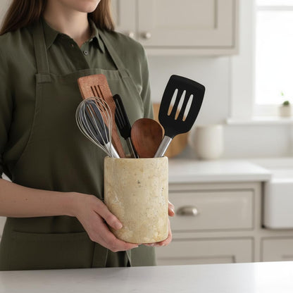 SPESHSTONES Marble Utensil Holder 6.5 Inch Travertine Utensil Caddy, Wooden Cooking Utensils Set & Spatula Organizer for Kitchen Counter Decor, Stone Crock for Spoon Holder & Farmhouse Decor