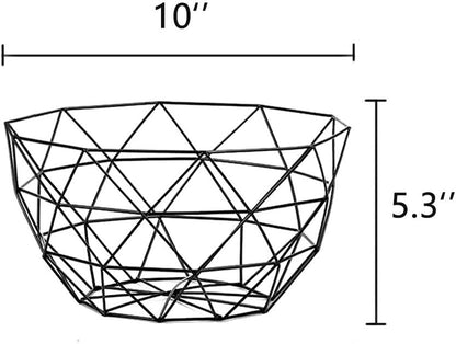 Geometric Metal Wire Fruit Bowl, Iron Arts Fruit Storage Basket for Kitchen Counter (Black, Large)
