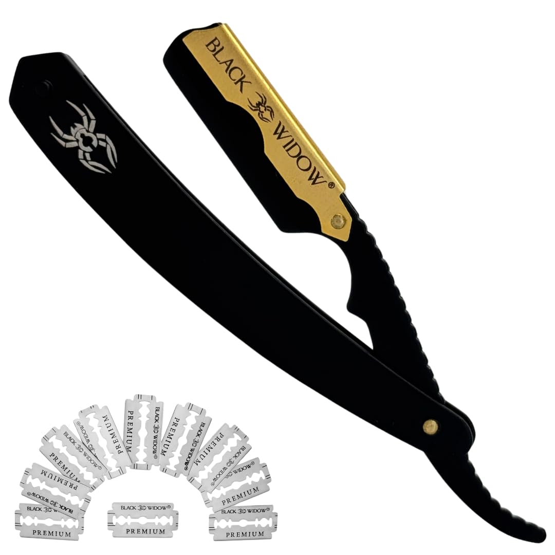 Black Widow Razor, Professional Straight Razor for Men, Safety with 10 Pack Blades (1.5mm Exposure) (Gold)