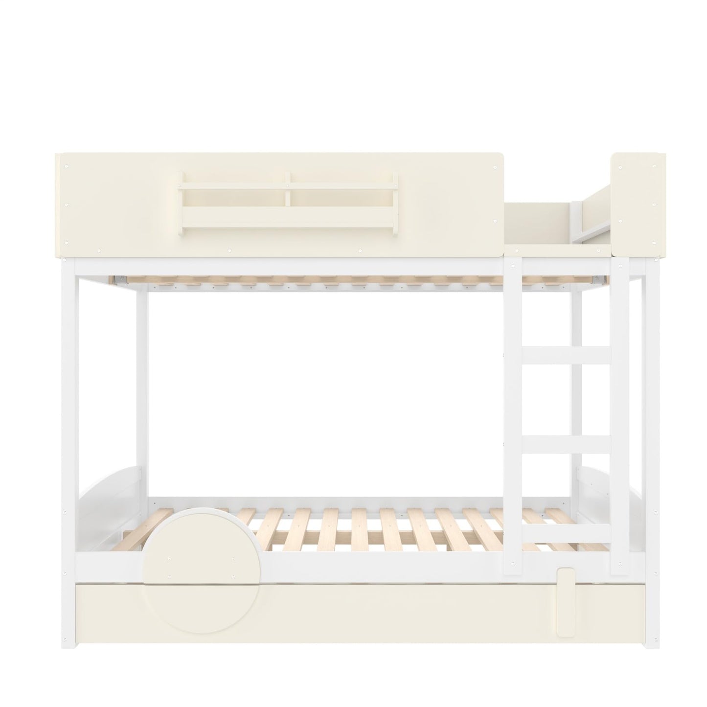 KEIKI Queen Over Queen Size Bunk Bed with Trundle, Pine Solid Wood Triple Bunk Beds Frame with Bookshelf, Guardrail, Slat and Ladders, Automobile Form Design bunkbed for Kids Teens & Adults