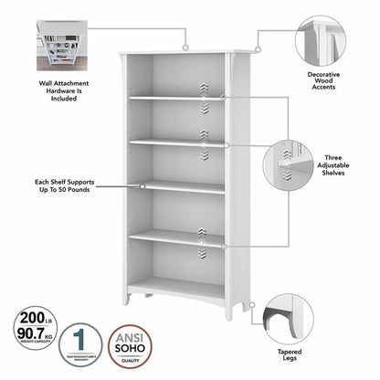 Bush Home Salinas Tall 5 Shelf Bookcase - Set of 2 in Shiplap Gray and Pure White, Vertical Office Storage, Bookshelves for Home Workspace, Multi-Purpose Shelving Units