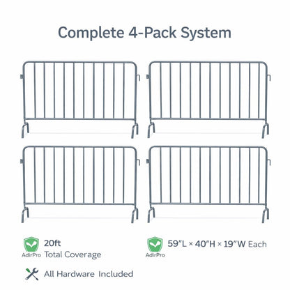 AdirPro 5 ft Crowd Control Barricade, 4-Pack | Interlocking Steel Barricade Fence | Heavy-Duty 16-Gauge Weatherproof Steel | for Events, Construction, Road Closure & Parking Lots