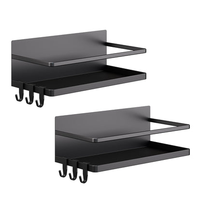 KMUZAWN Magnetic Spice Rack for Refrigerator, 2 Pack Magnetic Shelf, Fridge Magnet Organizer with Moveable 6 Hooks, Magnetic Fridge Shelf for Kitchen Organization and Storage(Black, 2 Pack)