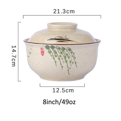 LLPUSLUO 8 inch Retro Ceramic Ramen Bowl with Lid,Japanese Style Personalized Dinnerware For Noodle Rice Porridge Soup Fruit Salad (8inch, D)
