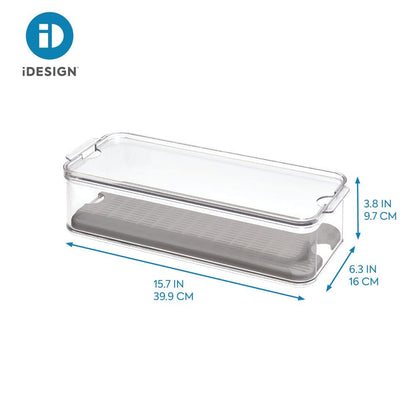 iDesign Crisp Produce Plastic Refrigerator and Modular Stacking Pantry Bin with Lid and Removable Inner Basket, Perfect for Washing Vegetables, Fruit, Lettuce, BPA Free 15.72" x 6.32" x 3.76"