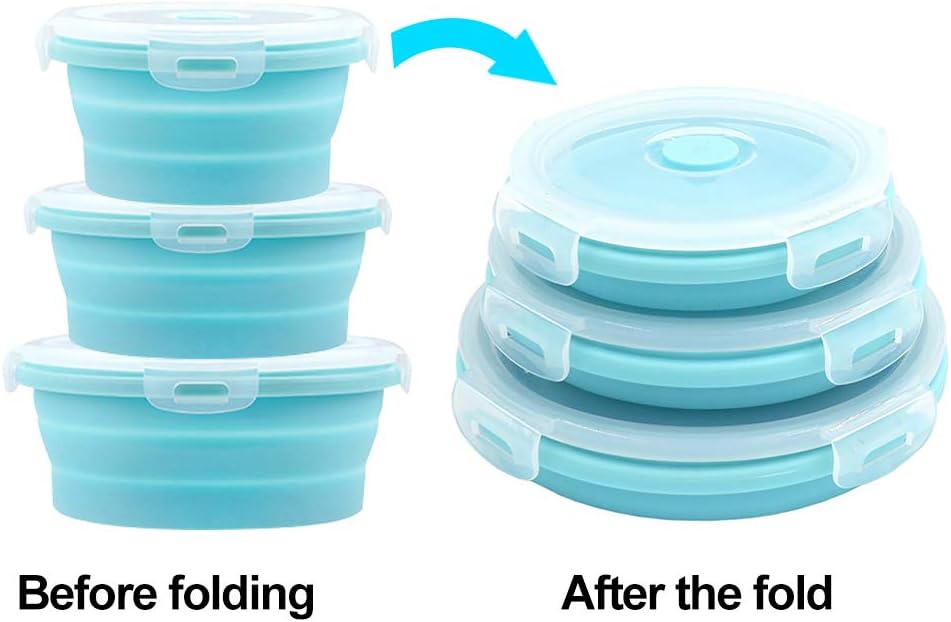 GLE2016 Collapsible Bowls, Silicone Food Storage Containers with Lids for Camping, Round Lunch Containers, Blue