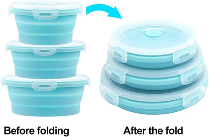 GLE2016 Collapsible Bowls, Silicone Food Storage Containers with Lids for Camping, Round Lunch Containers, Blue