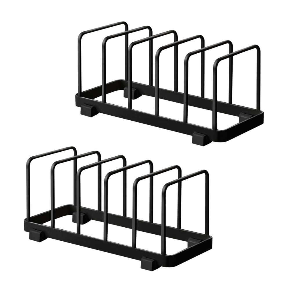 TIE-DailyNec 2 Pack Metal Dish Plate Storage Rack Kitchen Storage Cabinet Organizer Pot Lid Holder Multifunctional Dying Display Rack for Pad Pans Pots, Bakeware, Trays, Cutting Boards (Black)