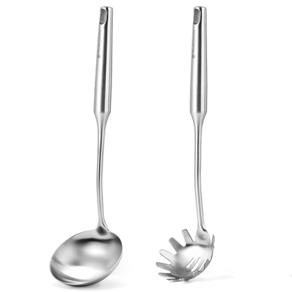 Stainless Steel Soup Ladle and Spaghetti Spoon Set - Large Ladle Spoon, Pasta Strainer, Durable Kitchen Cooking Utensils for Stirring, Serving Pasta, Soup & Sauce，Christmas Gifts