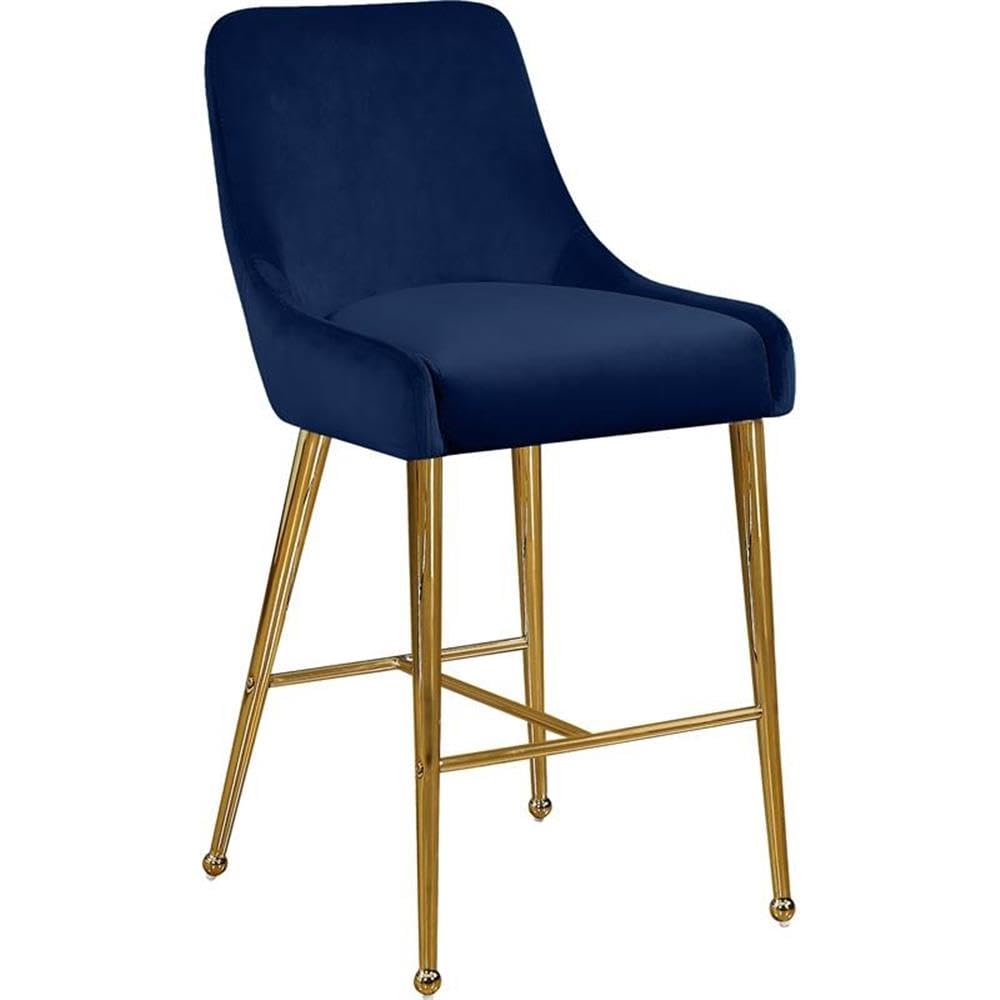 Meridian Furniture Owen Collection Modern | Contemporary Velvet Upholstered Counter Stool with Polished Gold Metal Legs, Set of 2, 23" W x 21" D x 40" H, Navy