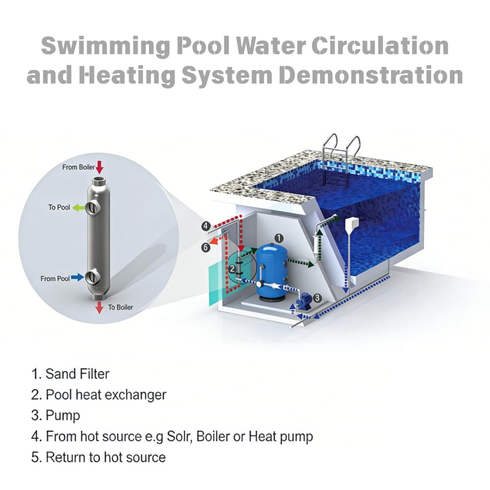RIYI Shell and Tube Heat Exchanger 85kBtu Titanium Pool Heat Exchanger Ports Size 2 1/2"+ 4" NPT for 6600 Gallon for Spa/Solar/Swimming Pool (25ti-85kBtu-s)