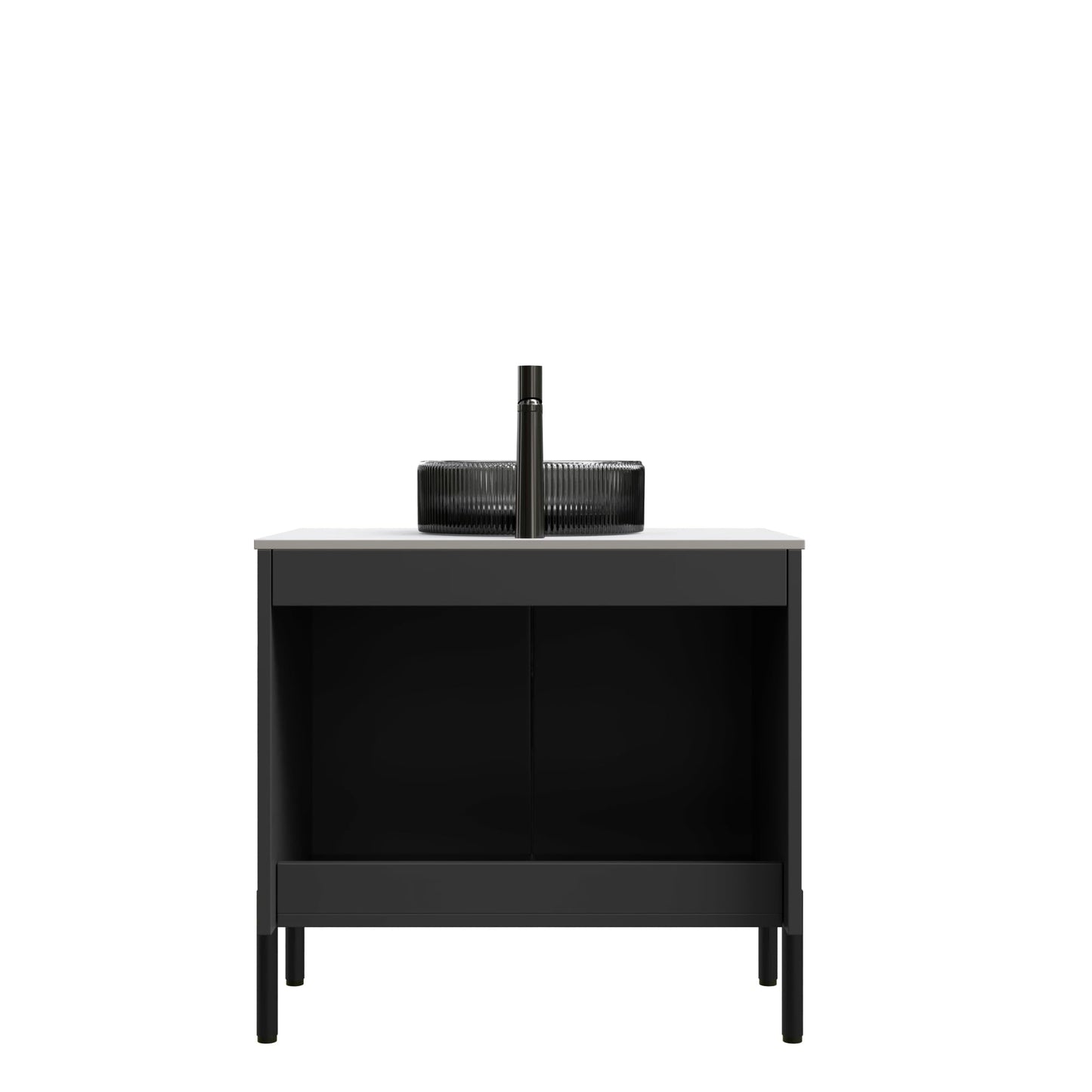 GDFStudio 30" Freestanding Bathroom Vanity with Sink, Turio Black Storage Cabinet with Double Doors, Carrara White Sintered Stone Countertop, Soft Close System, Modern Black Round Glass Basin