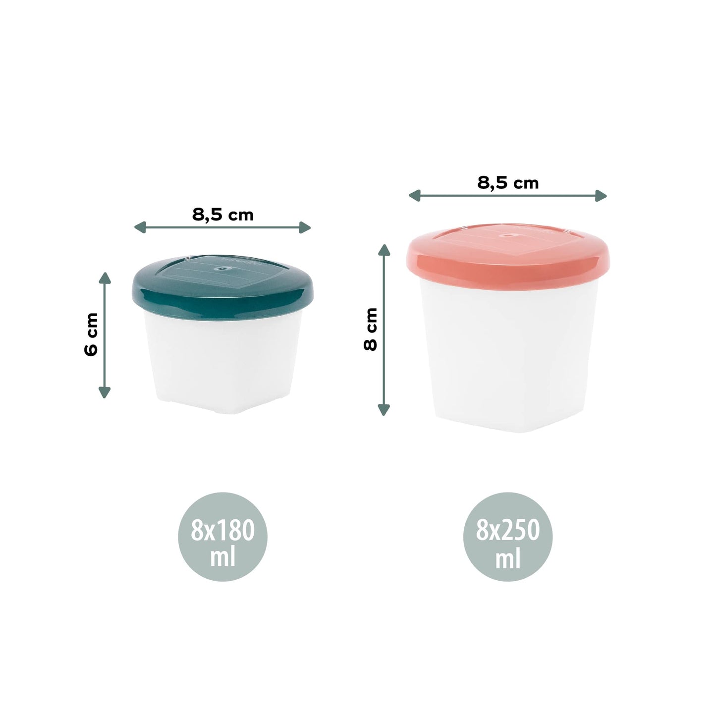Babymoov Eco-Friendly Baby Food Jars Set of 16 (8 x 6 oz + 8 x 8.45 oz) BPA-Free Storage Containers Made from Biosourced Sugar Cane Leakproof Silicone Lids Microwave, Freezer & Dishwasher Safe