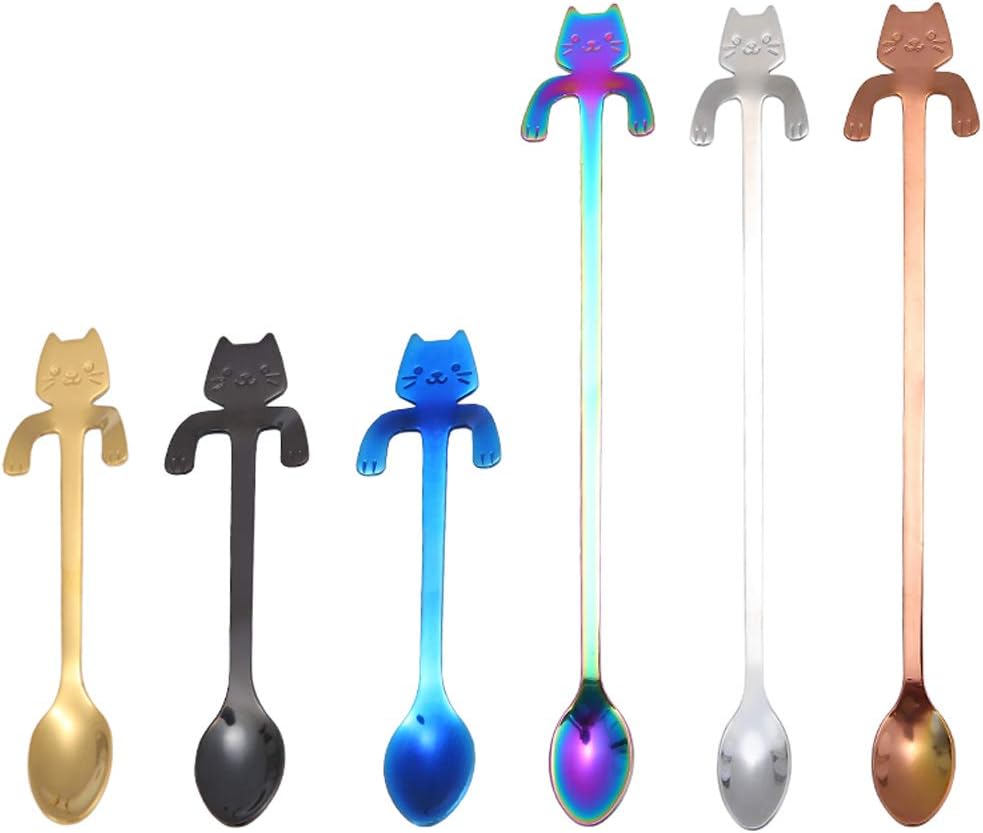 6 PCS Cat Spoon Coffee Tea Spoon Set, ESRISE Stainless Steel Mini Long Cute Kitten Teaspoons for Dessert Mixing