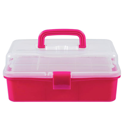MyGift 13-Inch Dark Pink Plastic Craft Organizer and Storage Box – Clear Carrying Case with Latching Lid & 2 Expandable Trays for Sewing, Tools, First Aid, and Art Supplies