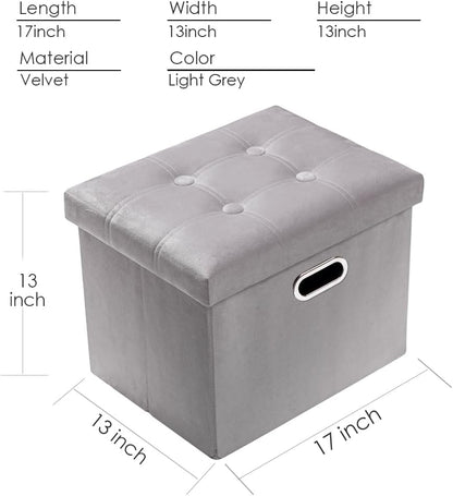 PRANDOM Ottoman with Storage [1-Pack], Velvet Folding Small Square Foot Stool with Lid for Living Room Bedroom, Light