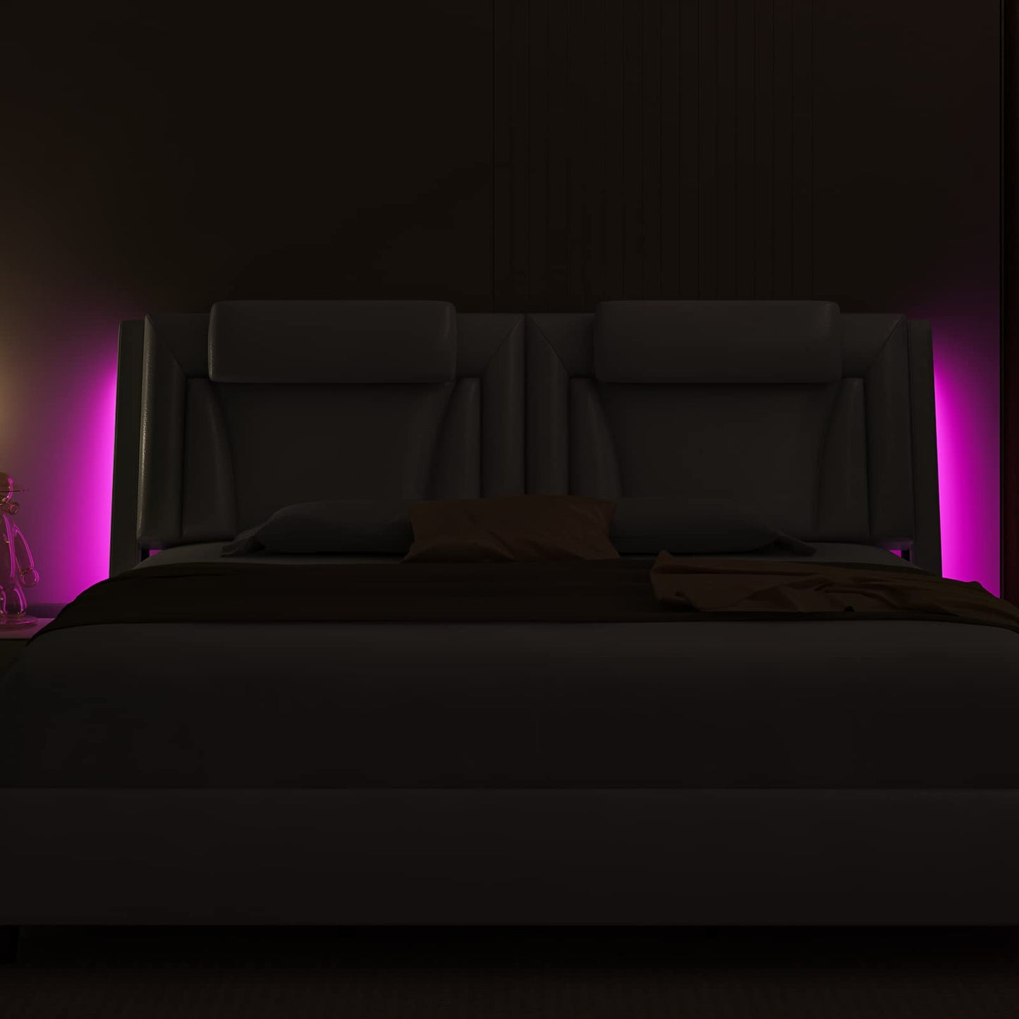 Keyluv King Size LED Bed Frame with Adjustable Headboard & Removable Pillow, PU Leather Upholstered Platform Bed, Wave-Like Curve Safety Design, Solid Wooden Slats Support, Easy Assembly, White