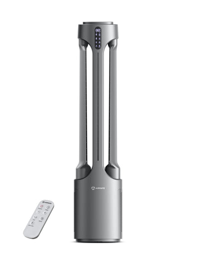 AIRMATE Air Purifier Bladeless Tower Fans, 1500CFM Large Air Volume, 45" 2-in-1 Standing Fan for Bedroom & Home, 28ft/s Velocity, 90° Oscillation, 15H Timer, Low Noise, Silver