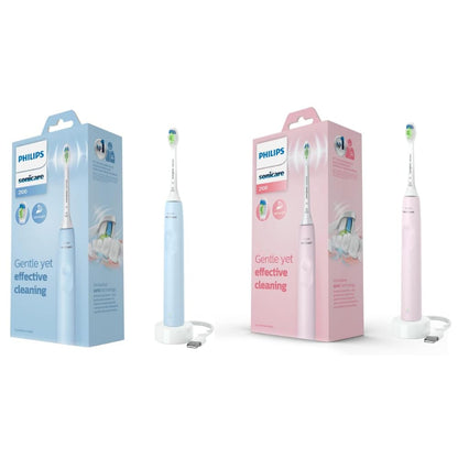 Philips Sonicare 2100 electric toothbrush with Sonic technology, QuadPacer and SmarTimer, 14-day battery life and slim egonomic design, blue and pink 2 pack