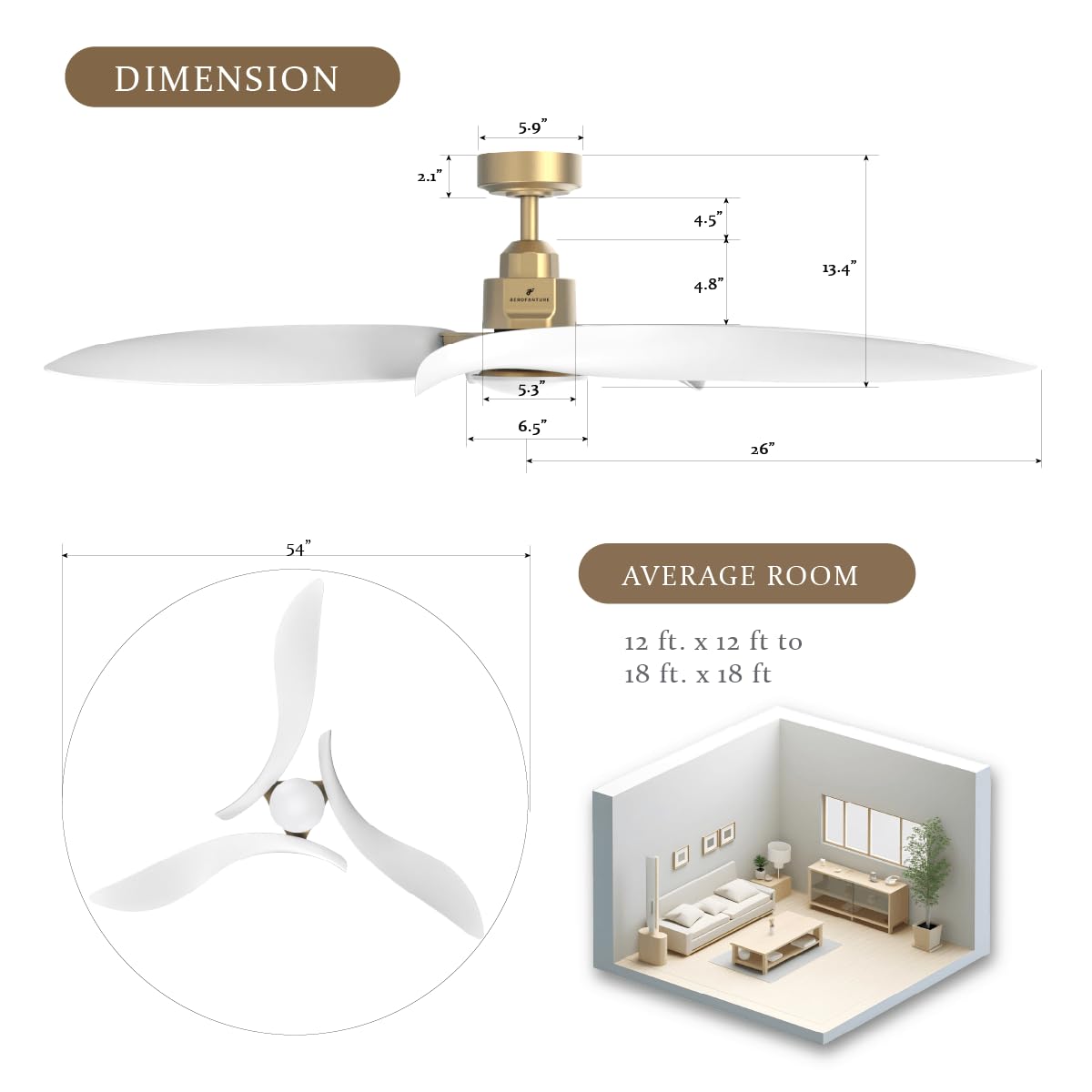 AEROFANTURE Gyro Ceiling Fans with Lights and Remote, 54 Inch Modern Bedroom Ceiling Fan with 3 Sculpted Blades, Reversible Ultra Quiet DC Motor, 3CCT Dimmable LED, 6 Speeds for Living Room Patio