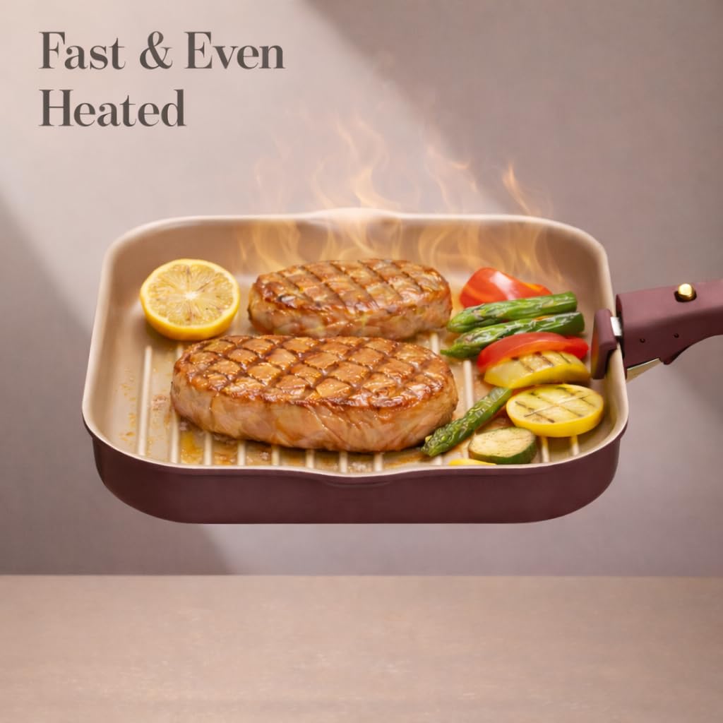 CAROTE 10 Inch Titanium Reinforced Nonstick Grill Pans for Steak, Non-Stick Grill Pans Sets with Detachable Handle, PFOS, PFOA Free, Gas & Induction Safe, All Stovetops Compatible, Burgundy
