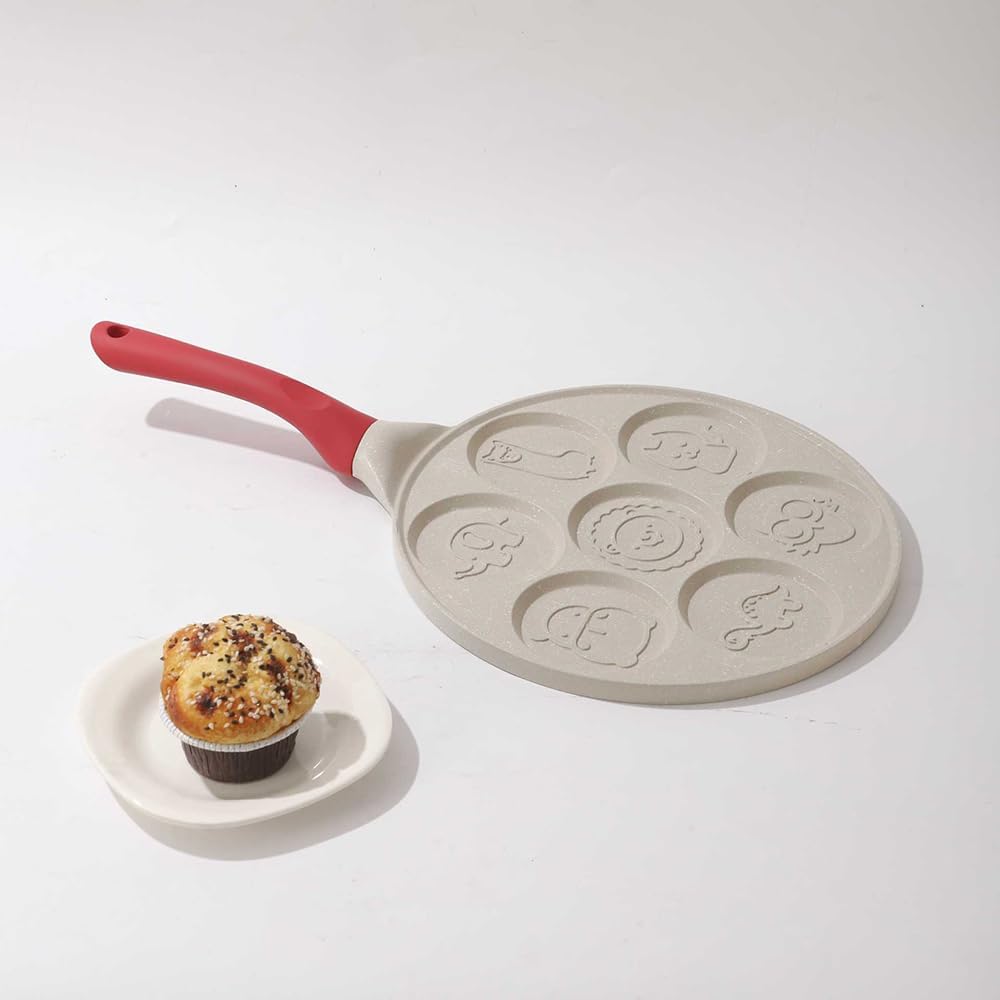 Nonstick Pancake Pan, Aluminium 7-Hole Egg Pancake Griddle Pan with Cartoon Shapes, 10.4 Inch for Fun Breakfast