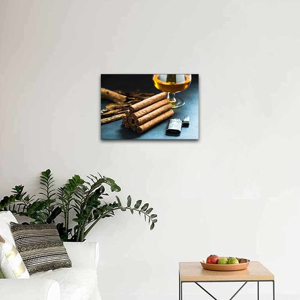 Whiskey Wall Art Cigar Prints with Cigarette Lighter for Living Room, Modern House Decor Framed 12"Wx18"H