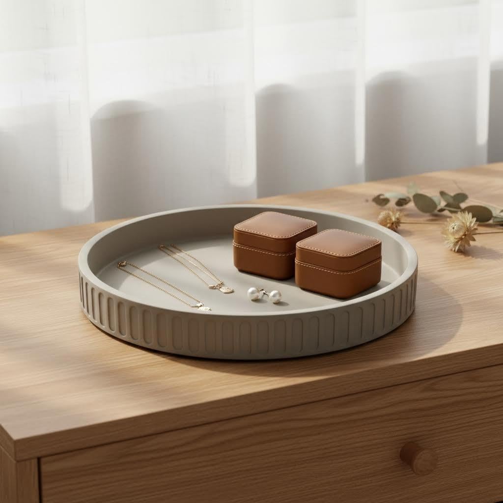 12in 100% Decorative Tray for Coffee Table Tray Decor, Gray Solid Concrete Decorative Round Tray for Kitchen, Living