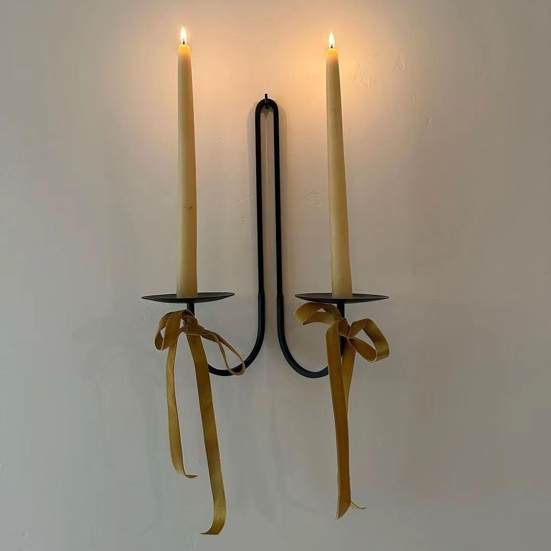 Double Armed Iron Candle Holders, Metal Wall Sconce Holder Set of 2, Black Modern Wall Candle Sconces for Living Room,