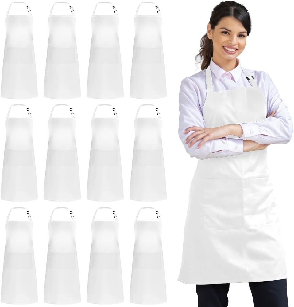 12 Pack 100% 2 Syntus Bib Apron, Unisex Aprons Adjustable Cotton with Pockets Cooking Kitchen Aprons for Women Men