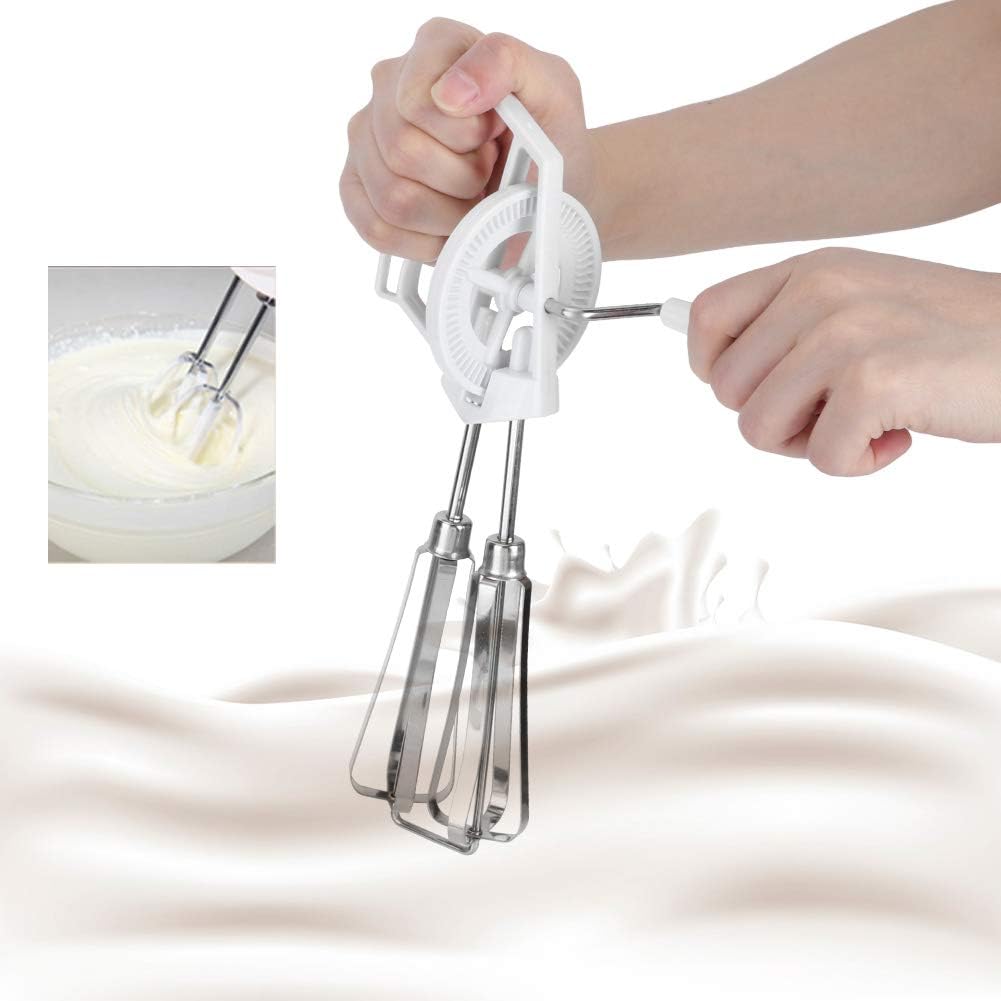 Egg Whisk, Manual Stainless Steel Hand Mixer with Double Wheel Design and Rotation Handle, White