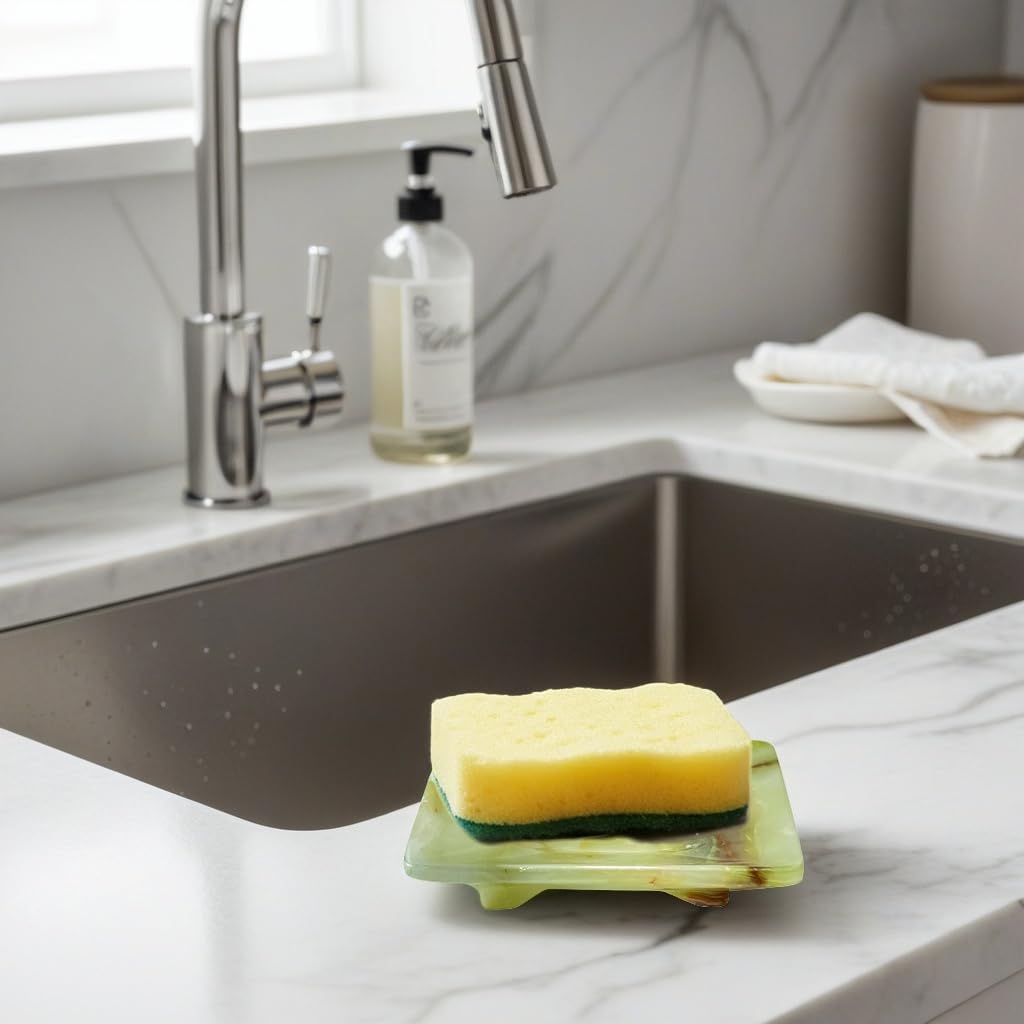 Luxury Handmade Green Calcite Crystal Soap Dish Holder with Drain for Bathroom and Shower, Best Bath Products & Sponge Tray for Kitchen & Housewarming Gifts.