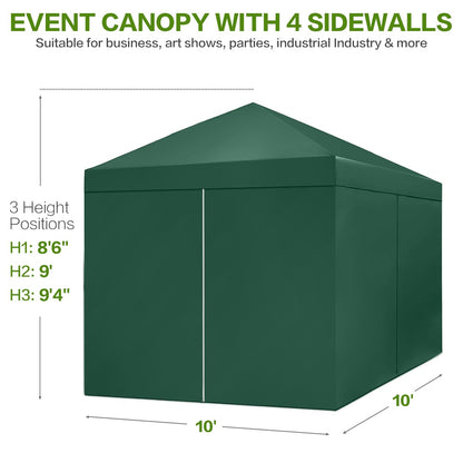 Tunbne 10X10 Comercial Pop Up Canopy Tent with 4 Sidewalls and 6 Pockets, One Push Setup Center Lock, for Beach Patio Outdoor, Case, 8 Stakes, 4 Ropes, 4 Sandbags (Forest Green)