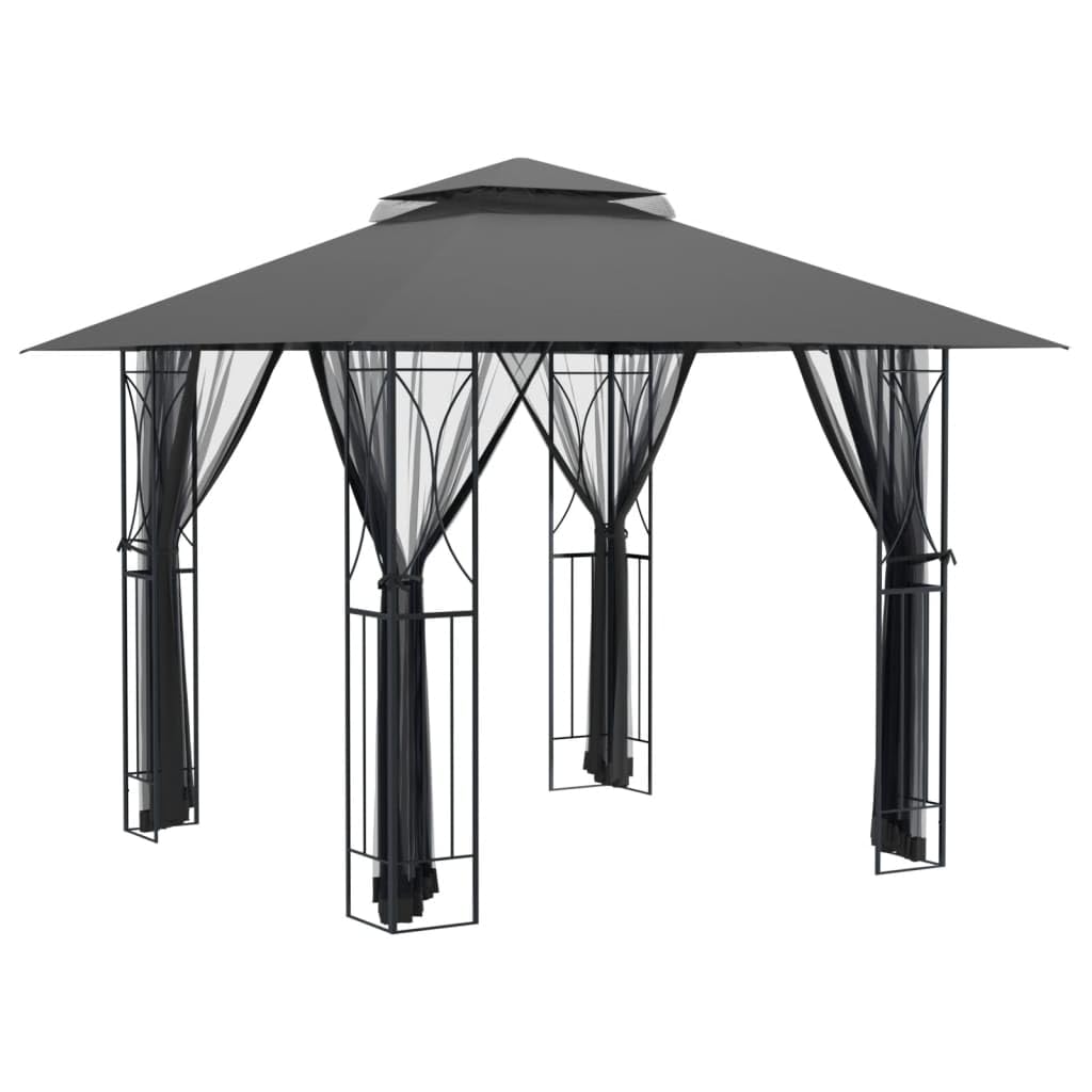 Anthracite Steel Gazebo with Sidewalls, 118.1"x118.1" Outdoor Canopy Tent, Double-Tiered Roof, Patio for Garden Parties Outdoor Structures