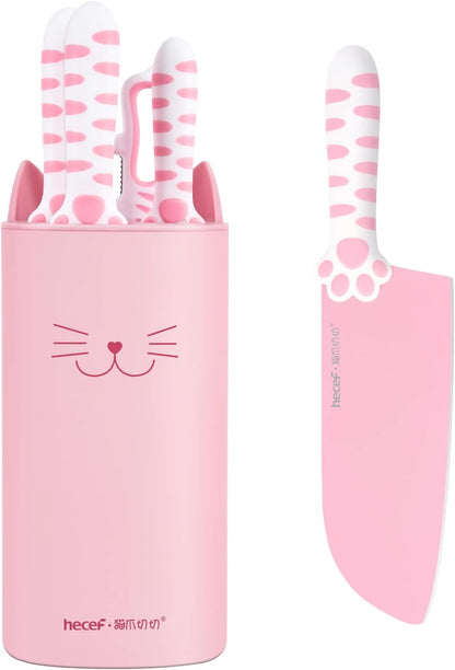 hecef Cute Kitchen Knife Set, 5-Piece Non-Stick Knives Set with Detachable Block and Scissors, Pink