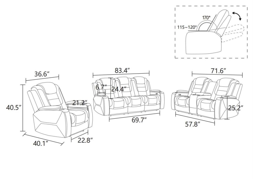 UOCFYK Electric Power Recliner Loveseat Set Living Room Furniture, Comfy Home Theater Breathing Leather Seating with USB 2.0 Charging Ports, LED Light Strips, Mid Console and Cupholders (White-2)