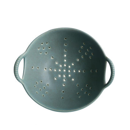 Amitofo Matte Glaze Ceramic Berry Colander Bowl with Handles – 8.5" Handle-to-Handle × 8" Bowl Dia × 3.3" High – Rustic Stoneware Drain Bowl for Fruit, Berries, and Kitchen Decor (Matte Green)