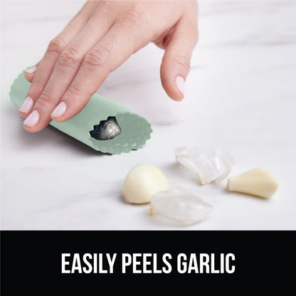 GORILLA GRIP Garlic Press and Peel Set, Heavy Duty Mincer Tool, Large Ergonomic Handle, Easily Mince and Crush Garlics, Ginger, Nuts, Seeds, Peeler Included, Peeling Cloves, Kitchen Gadgets, Mint