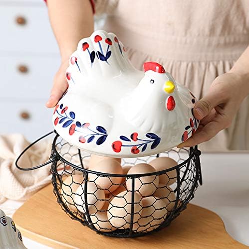 Chicken Design Ceramic Egg Storage Basket, Iron Basket Holds 20-25 Eggs, Organizer Case, Container Egg Basket Holder