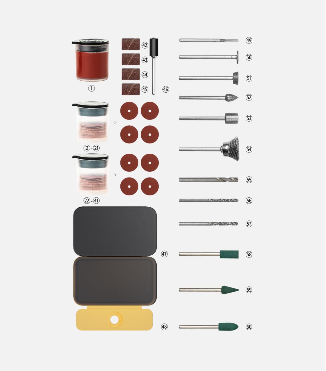 HOTO Rotary Tool Accessories Kit, 60-Piece Set, Fits 1/8'' (3.2mm) & 3/32'' (2.3mm), Sanding, Grinding, Cutting, Drilling, Sharpening, Carving & Engraving