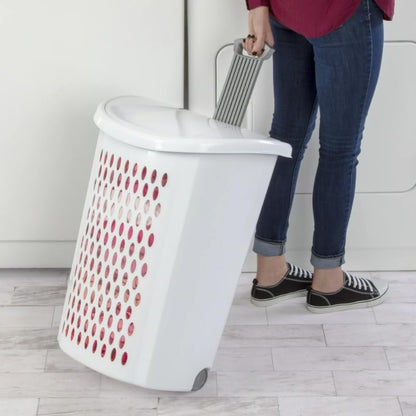 TnLoji Wheeled Plastic Laundry Hamper,Adult-Sized White Rolling Basket,Spacious Storage with Handles for Home & Dorms