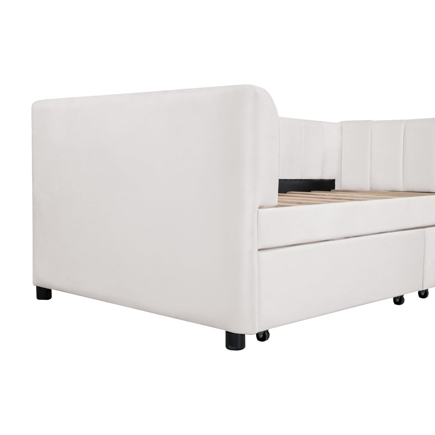 KTATK Twin Size Velvet Daybed with Two Drawers and Stripe Shaped Headboard Design,Upholstered Wooden Storage Bed Frame,w/Ergonomic Backrest,for Bedroom,Living Room,Beige